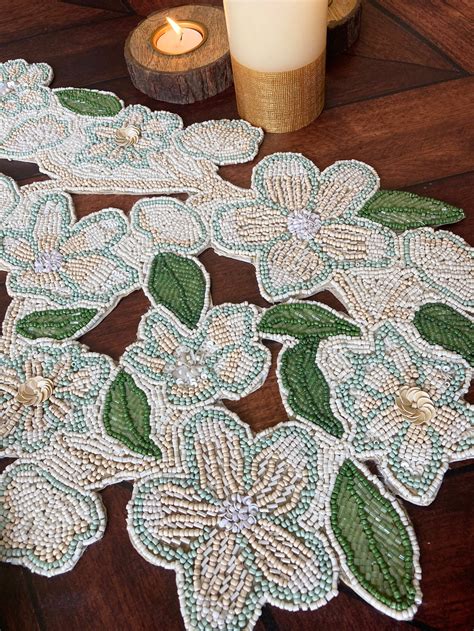 Handmade Table Runner Beaded Runner Floral Cutwork Bead Etsy