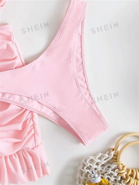 Shein Swim Mod Summer Beach Solid Bikini Set Knot Front Push Up Bra High Cut Bottom Ruched
