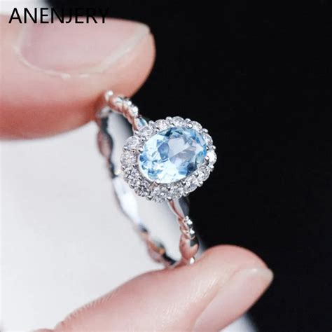 Anenjery Light Blue Zircon Flower Open Rings For Women Shiny Luxury