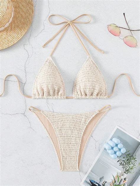 Sexy Beige Wrinkled Halter Micro Mini Bikini Sets Two Pieces Tie Women Thong Swimsuit Female