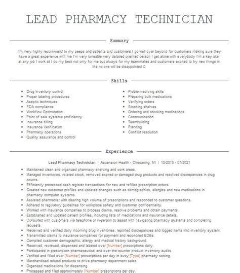 Lead Pharmacy Technician Resume Example