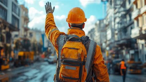 Back View Of A Construction Worker Raising Hand Wearing A Vest And