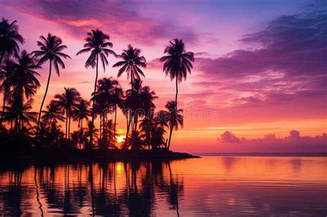 Silhouettes Of Coconut Palm Trees Frame A Tropical Ocean Beach Bathed