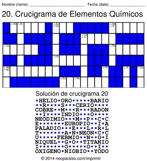 Crucigramas de Elementos Químicos Tabla de elementos quimicos