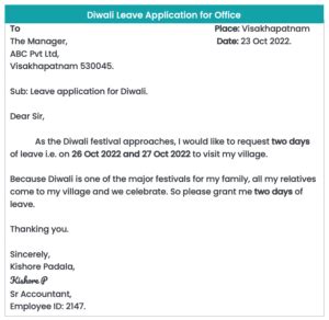 Diwali Leave Application Formats For Office