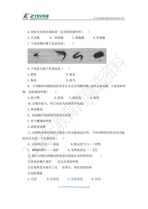 八年级生物上册 第五单元第一章测试卷（含答案） 21世纪教育网