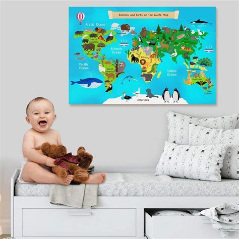 Kids Wall Art World Map - Animal World Map Framed Ready To Hang