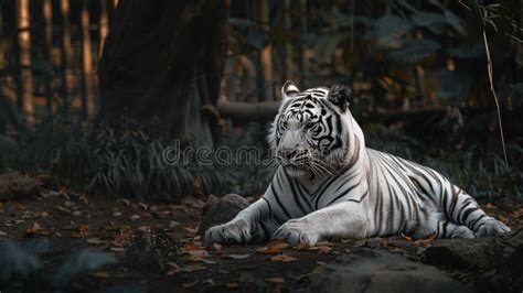 A White Tiger Pantera Tigris Sitting On The Ground At The Forest In