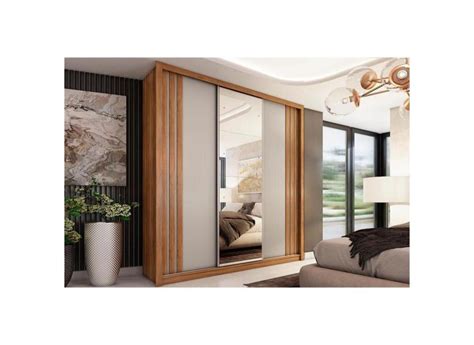 Guarda Roupa Casal Portas de Correr c Espelho e Gavetas Moema Flex Amêndola Nude ou