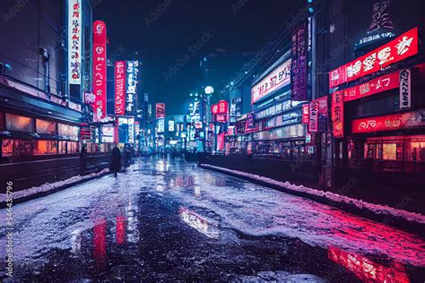 Snowy Tokyo Street At Night With Neon Signs And Blue Neon Lights At