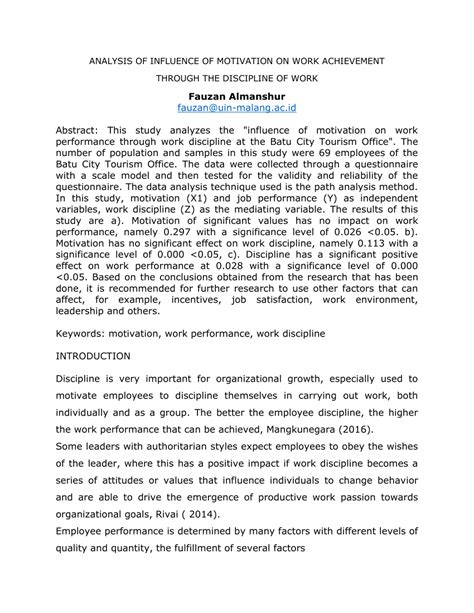 Pdf Analysis Of Influence Of Motivation On Work Achievement Through