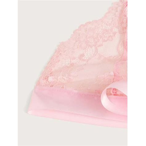 Sexy Pink Spaghetti Strap See Through Floral Lace Bow Bra Top And Panty Lingerie Set N