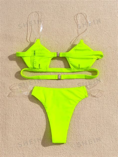 SHEIN Swim Summer Beach Neon Lime Bikini Set Cut Out Top Thong Bottom 2 Pieces Bikini SHEIN UK