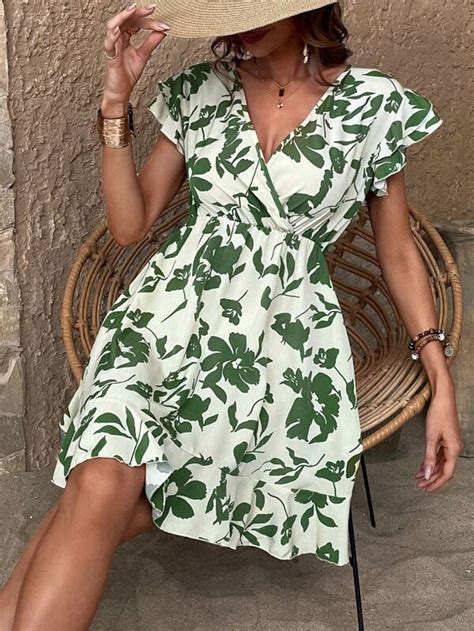 SHEIN VCAY Floral Print Butterfly Sleeve Ruffle Hem Dress SHEIN USA