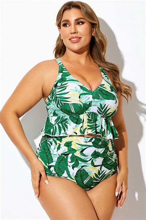 Green Floral Print V Neck Ruffle Trim Bikini Top Meet Curve