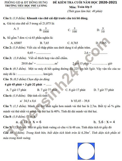 Đề thi học kì 2 lớp 5 môn Toán