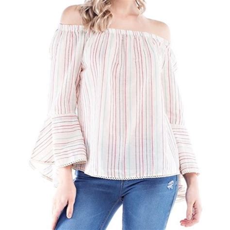 Solitaire Striped Off The Shoulder Bell Sleeve Top Gem