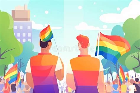 Cute Men With Lgbt Flag On Gay Parade AI Generated Stock Illustration