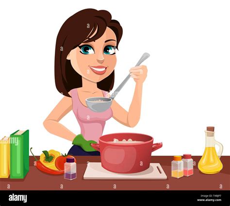 Beautiful Woman Cooking In Her Kitchen Cute Lady Cartoon Character