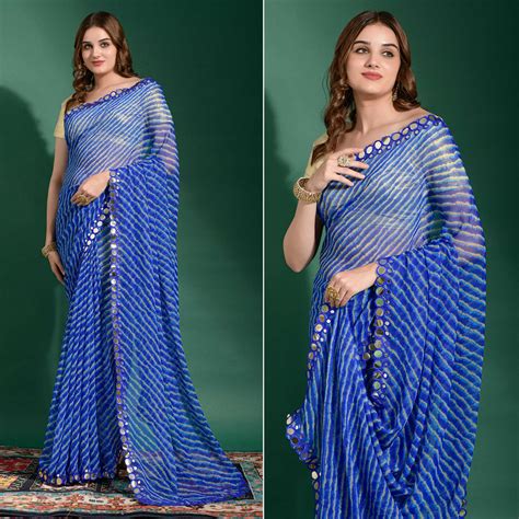 Blue Leheriya Printed With Embroidered Border Chiffon Saree