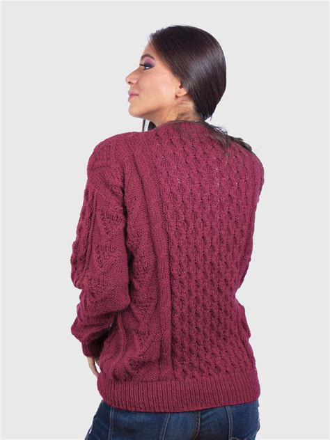 Hand Knit Warm Burgundy Aran Alpaca Sweater For Women Inti Alpaca