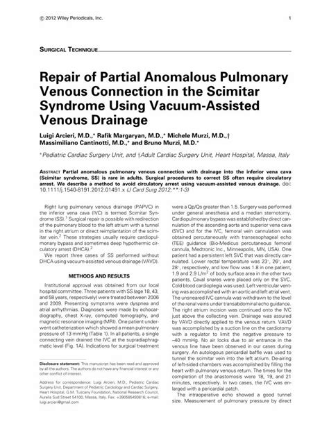 PDF Repair Of Partial Anomalous Pulmonary Venous Connection In The