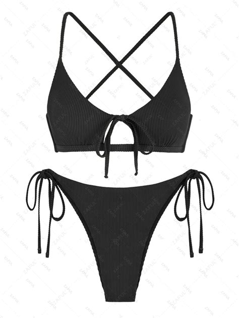 ZAFUL Textured Tie Side Cut Out Criss Cross String Bikini Swimwear In BLACK ZAFUL