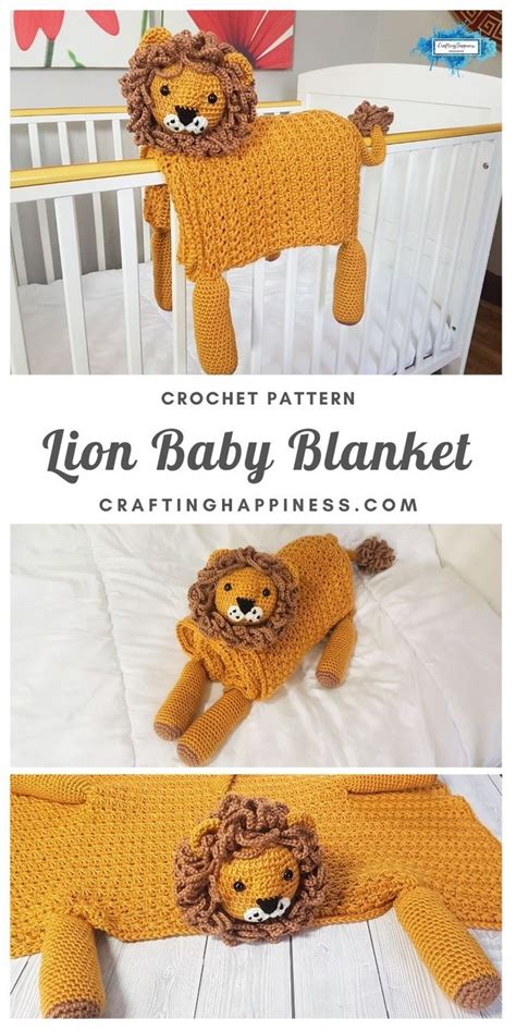 A Crochet Lion Baby Blanket Is Shown In Three Different Pictures And