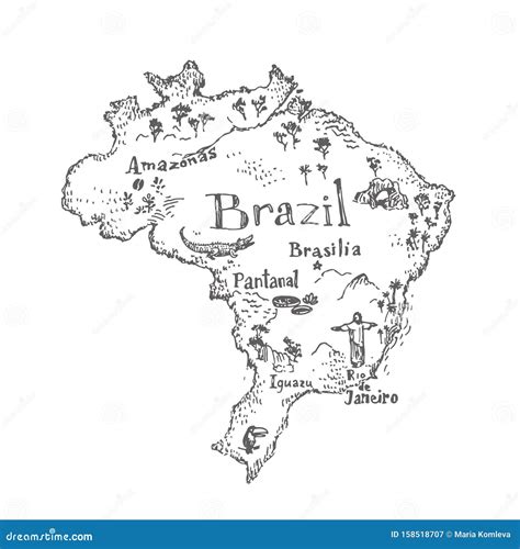 Brazil Map With Symbols And Landmarks Vector Vintage Hand Drawn