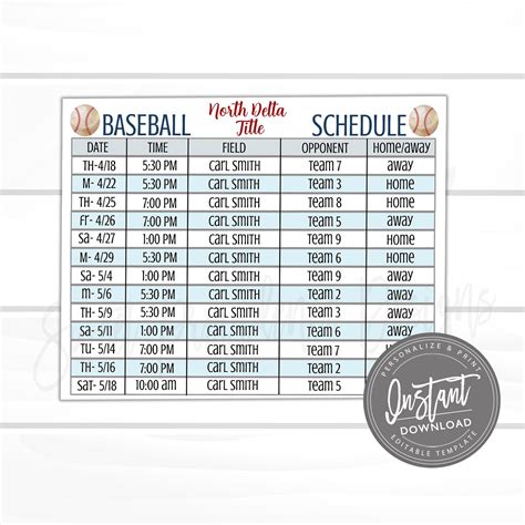 Editable Baseball Schedule Game And Practice Schedule Customizable