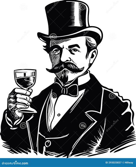 Elegant Gentleman In Top Hat Holding A Glass Of Alcohol Drink Vintage