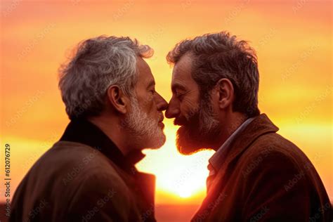 Two Older Men Gay Couple Kissing At Sunset Closeup Detail To Faces Orange Sky Behind Them