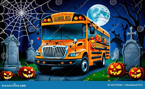 eerie halloween school bus decorated  spiders  pumpkins stock