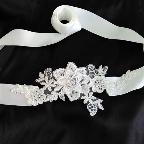 White Floral Sash Jeweled Sash Lace Belt Rhinestone Bridal Sash