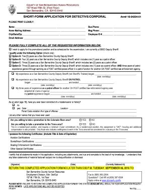 Fillable Online Cms Sbcounty SHORT FORM APPLICATION FOR DETECTIVE