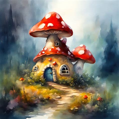 Fairytale Mushroom House With Flowers Cartoon Style Illustration Stock