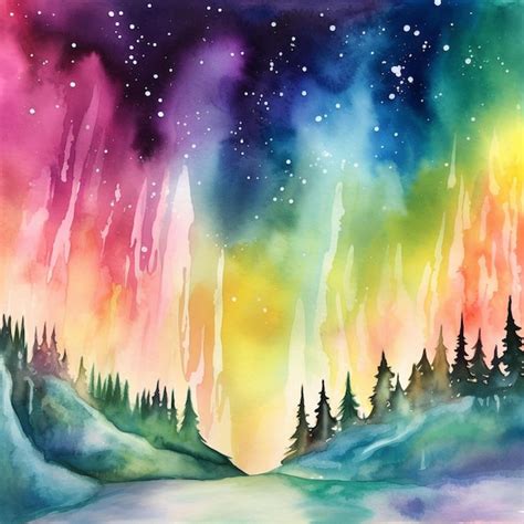 Premium Ai Image Painting Of A Colorful Aurora Bore With Trees And A