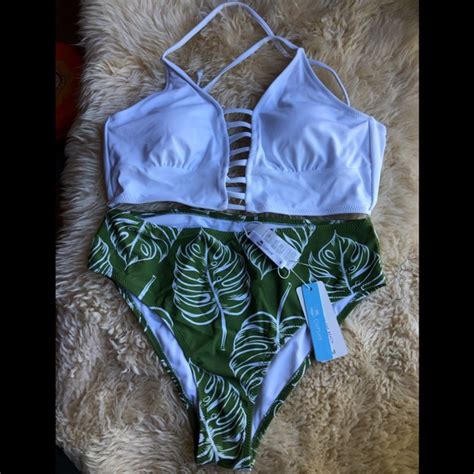 Swim Cupshe Nwt Bikini Palm Bottoms White Lace Up Top Poshmark