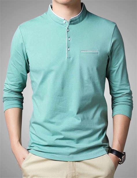 Blended Plain Poly Cotton Light Green Mandarin Neck Full Sleeves T