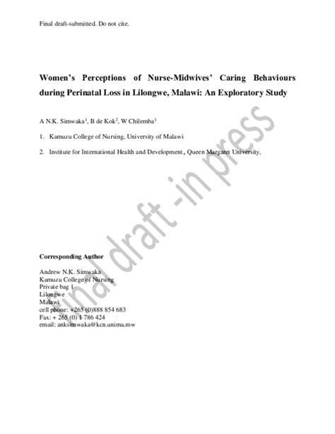 Pdf Women S Perceptions Of Nurse Midwives Caring Behaviours During Perinatal Loss In Lilongwe