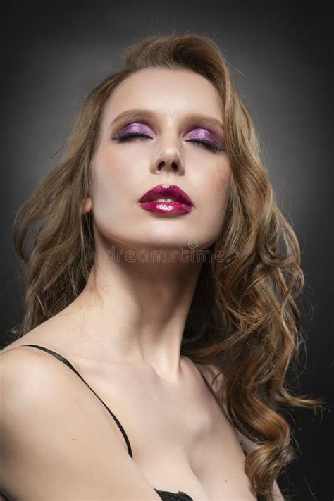 Close Up Portrait Of A Beautiful Blonde Girl Model Red Lips And Pink Make Up Editorial Stock