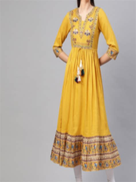 Buy Rain And Rainbow Women Mustard Yellow Printed Anarkali Kurta Kurtas