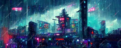 Premium Photo | Anime city at night with neon lights and people walking in the rain generative ai