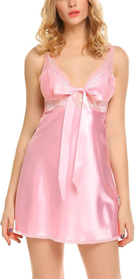 ADOME Women Sexy Nightie Lace Babydoll Lingerie Satin Chmeises Satin Nightgown C Pink XX Large