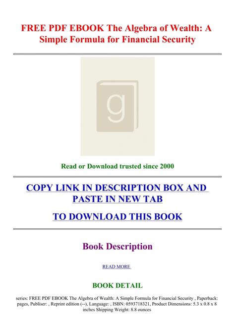 FREE PDF EBOOK The Algebra of Wealth A Simple Formula for Financial