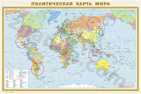 Физическая карта мира с координатами широты и долготы