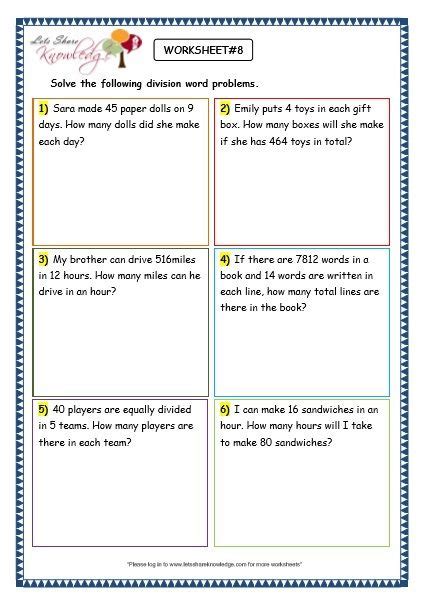 Division Story Problems Worksheets Math Division Grade D