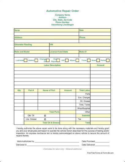 Automotive Repair Order Template Free Printable Documents