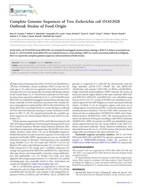 (PDF) Complete Genome Sequences of Two Escherichia coli O145:H28 ... 