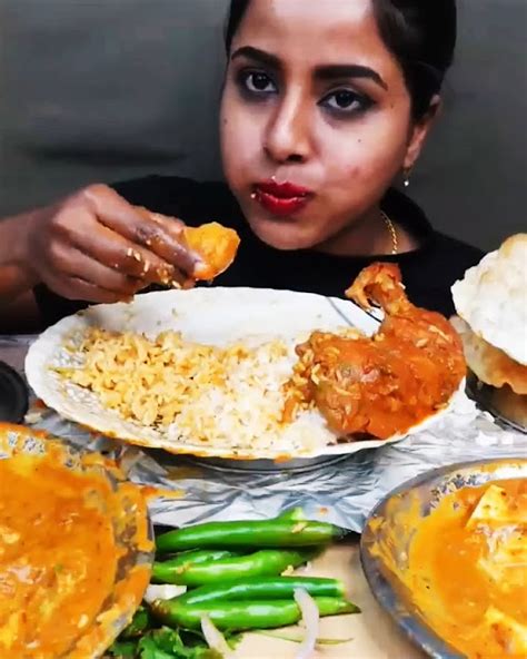 Asmr Eating Spicy Chicken Curry Masala Rice Poori Malai Paneer Aloo